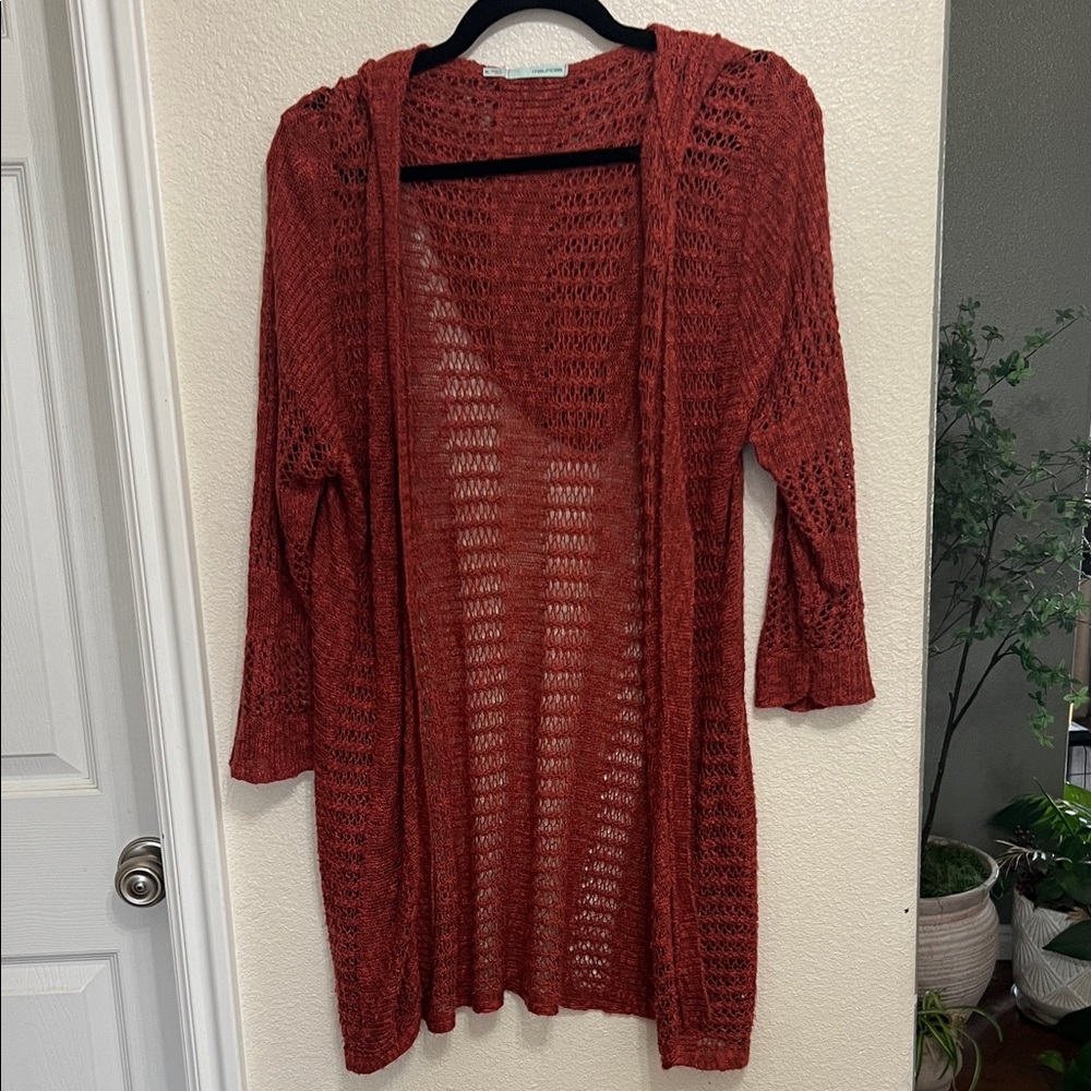 Maurices Open-Knit Long Cardigan in Rust